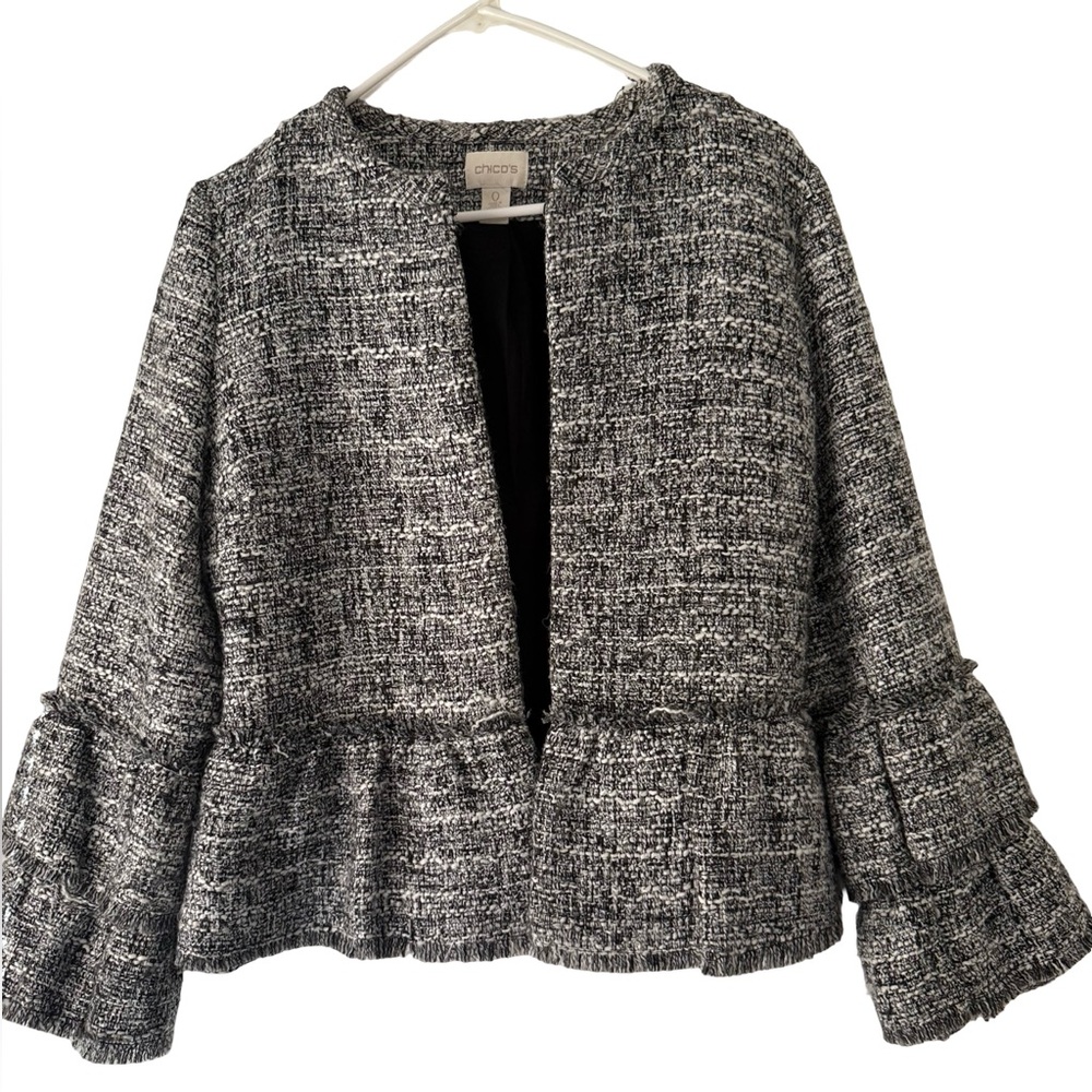 CHICOS Tier Raw Edge Peplum Black and White Tweed Jacket Sz Small Medium Large 0